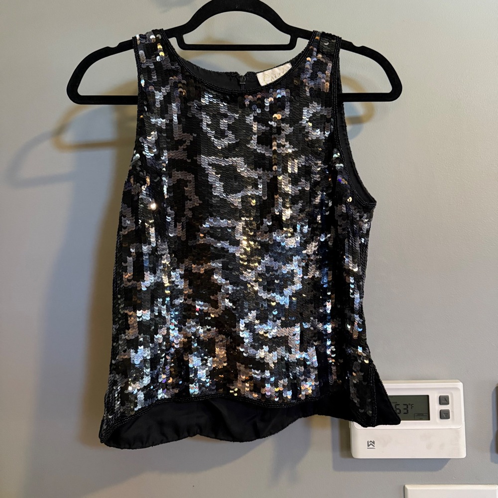 Caviar Sequin Top Women Size 8 Black Silver Silk Beaded Vintage Glam Party 4672
